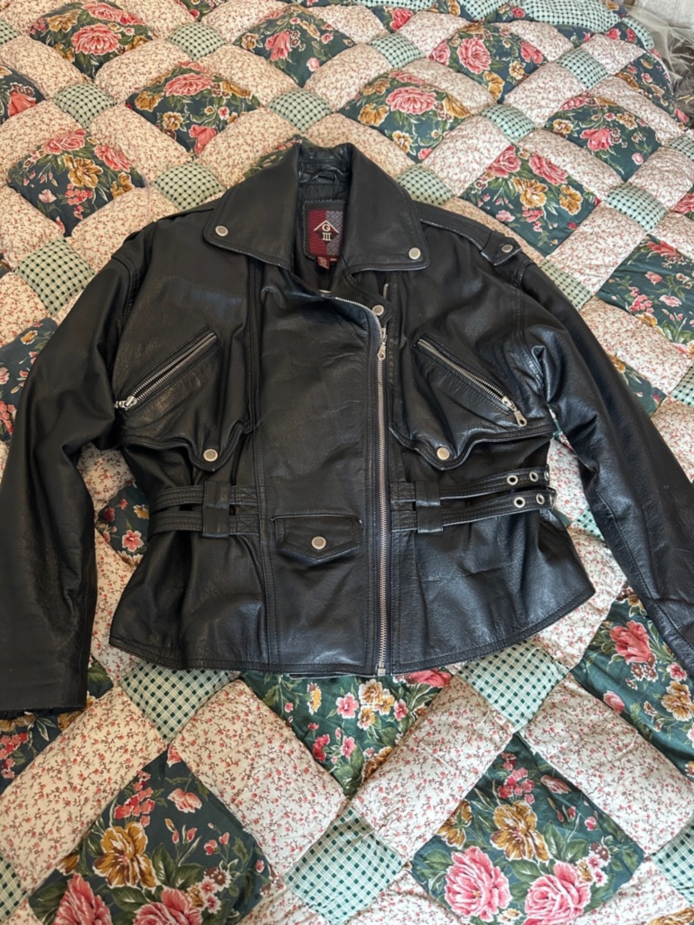 D—Women's Black Leather Biker Jacket - Classic Zip Front